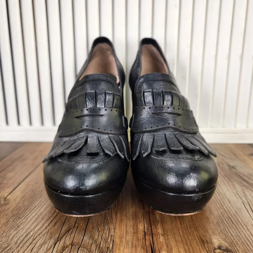 Frye Naiya Kiltie Moc Platform Pumps Womens 9.5M Black Chunky Stacked Heel Shoes